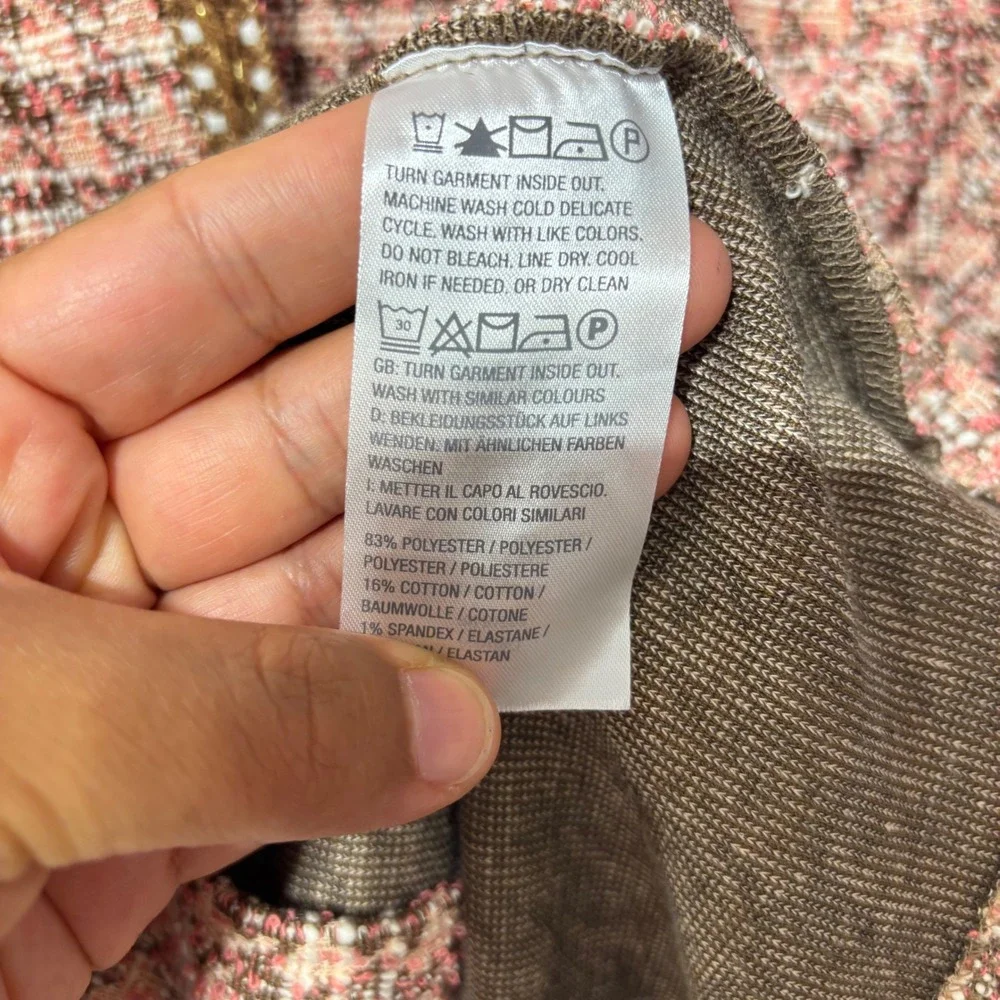 Isaac Mizrahi Live Womens‎ Pink Brown Houndstooth Tweed Jacket Gold Trim Size M